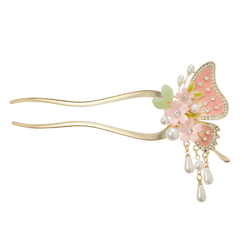 New Chinese style flower butterfly hairpin pearl tassel hairpin ancient costume Hanfu cheongsam plate headdress accessories hairpin