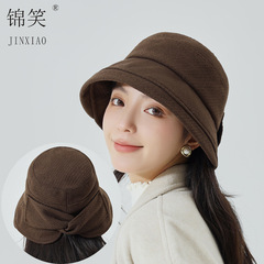 网红时尚蝴蝶结盆帽女秋冬新款简约百搭毛呢帽子气质洋气保暖帽子