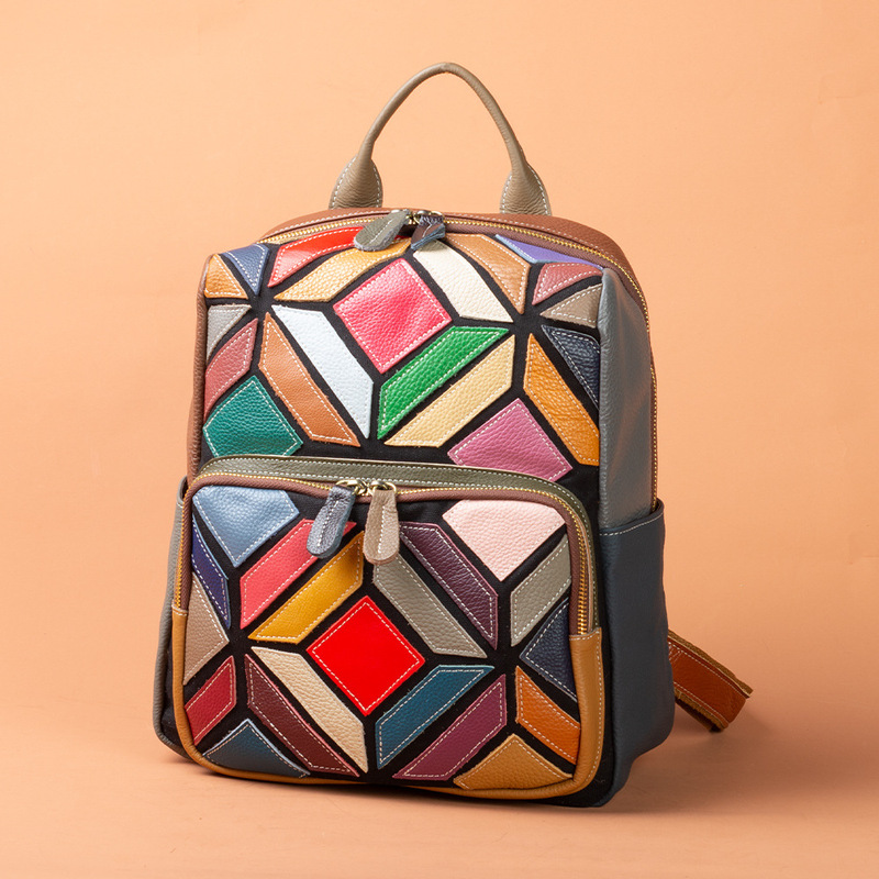 Designer Genuine Leather Women's Bag with Artistic Bohemian Geometric Color-Blocking, Lightweight Casual Backpack, in Stock