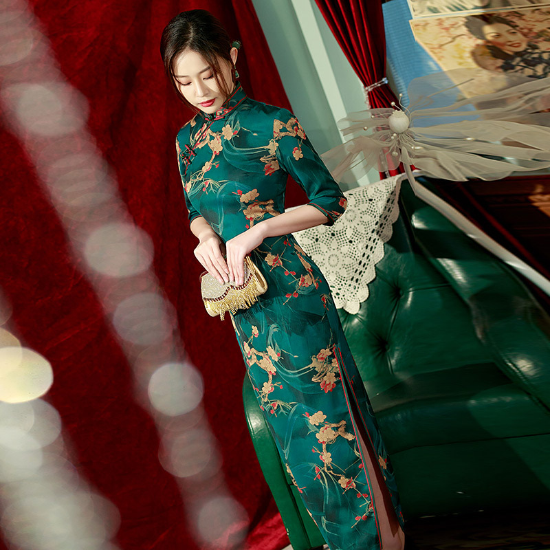 春秋裝中長袖雙層長款改良旗袍2024年新款女新中式走秀款演出服裝