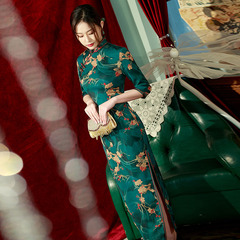 春秋裝中長袖雙層長款改良旗袍2024年新款女新中式走秀款演出服裝