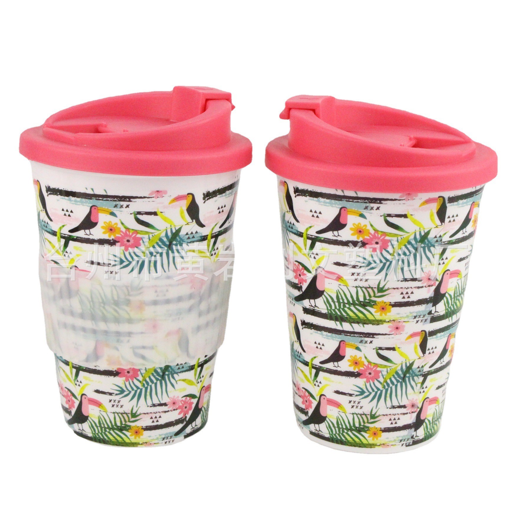 12OZ彩色揭盖咖啡杯 翻盖咖啡杯 直筒热转印工艺促销出口塑料杯