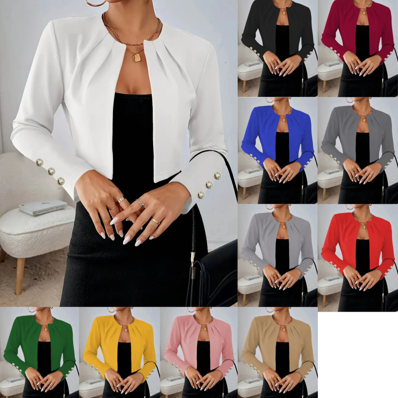 Amazon's New Spring and Autumn Slim-Fit Solid Color Versatile Collared Pleated Cuff Long-Sleeve Short Jacket Suit