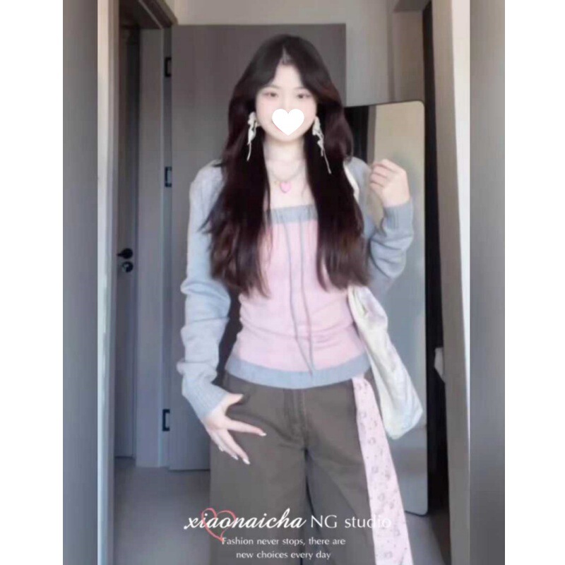 26~New Spring Soft Mist Gray Pink Tube Top with a High-End Feel, Color-Blocking Gentle Knit Sweater Two-Piece Set for Women
