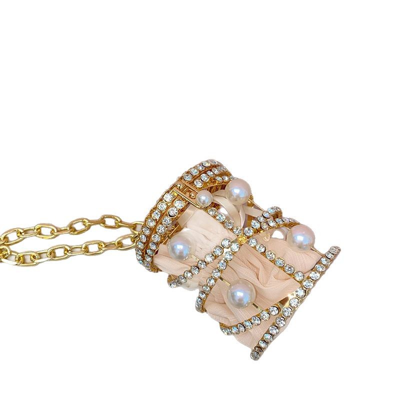 Elegant Metal Pearl Bucket Bag - Sparkling Diamond Hollow Out Chain Silk Handbag & Crossbody Bag For Banquets - Thumbnail 5