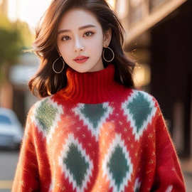 欧货高级感新年红色菱格高领毛衣女秋冬内搭针织衫小个子超好看上