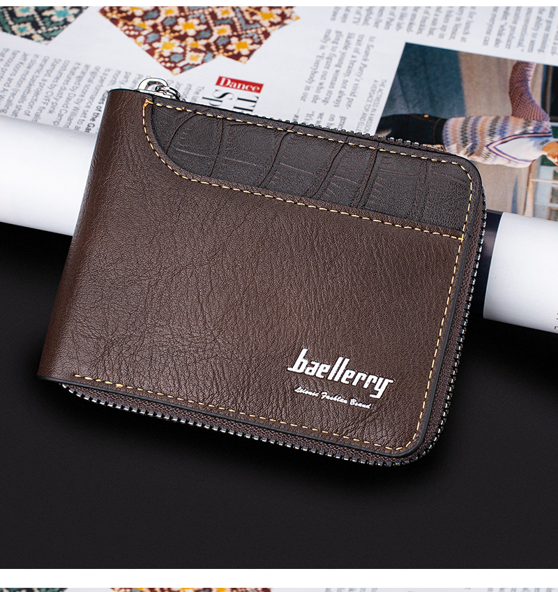 New Men's Short Wallet Retro Multi Slot Zipper Coin Purse Contrasting Color Card Bag_voghion.com