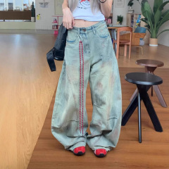 跨境高街美式黄泥脏染重工水洗弯刀牛仔裤男女宽松阔腿做旧长裤