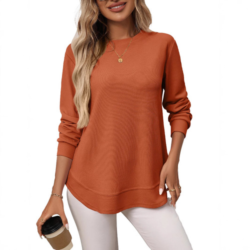2025 Amazon Women's Autumn and Winter New Cross-border European and American Loose Waffle Casual Multi-purpose T-shirt Knitted Long-sleeved 