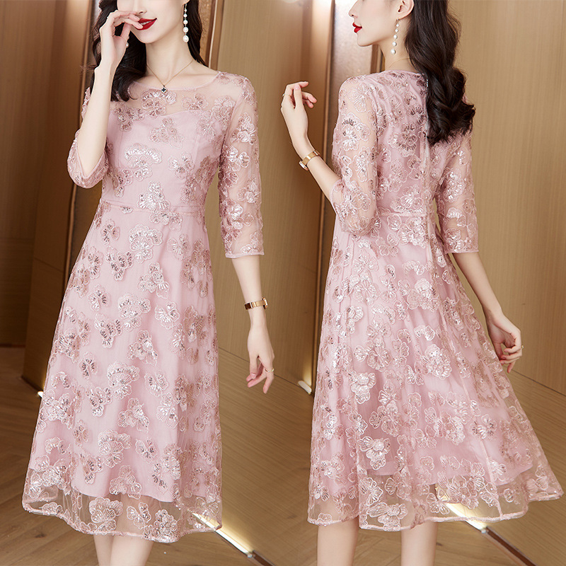 Grandma Xi's Wedding Banquet Dress Pink Dress 2024 Summer New Mother's Wear Heavy Industry Mesh Jacquard Dress