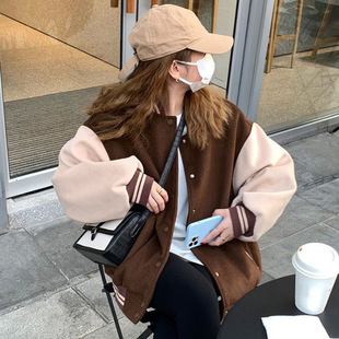 American Retro Baseball Uniform Jacket for Women Autumn and Winter New Style Small Preppy Style Thin Loose Cardigan Jacket Top
