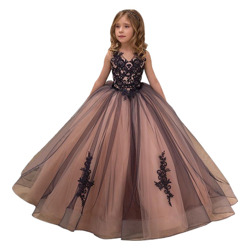 Vestido de niña de las flores de encaje estilo nuevo transfronterizo, vestido de boda largo hasta el suelo, vestido formal para niños, vestido de princesa hinchado para cumpleaños y actuaciones.