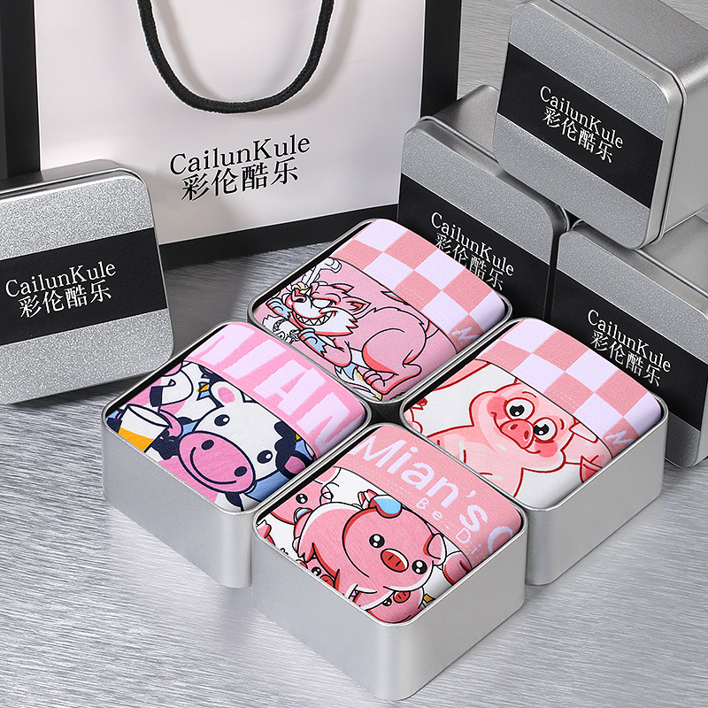 Cotton Pink Underwear for Men, Cute Summer Square Waist Thigh-High Shorts for Boys, Thin, Cartoon Style, Trendy, Large Size