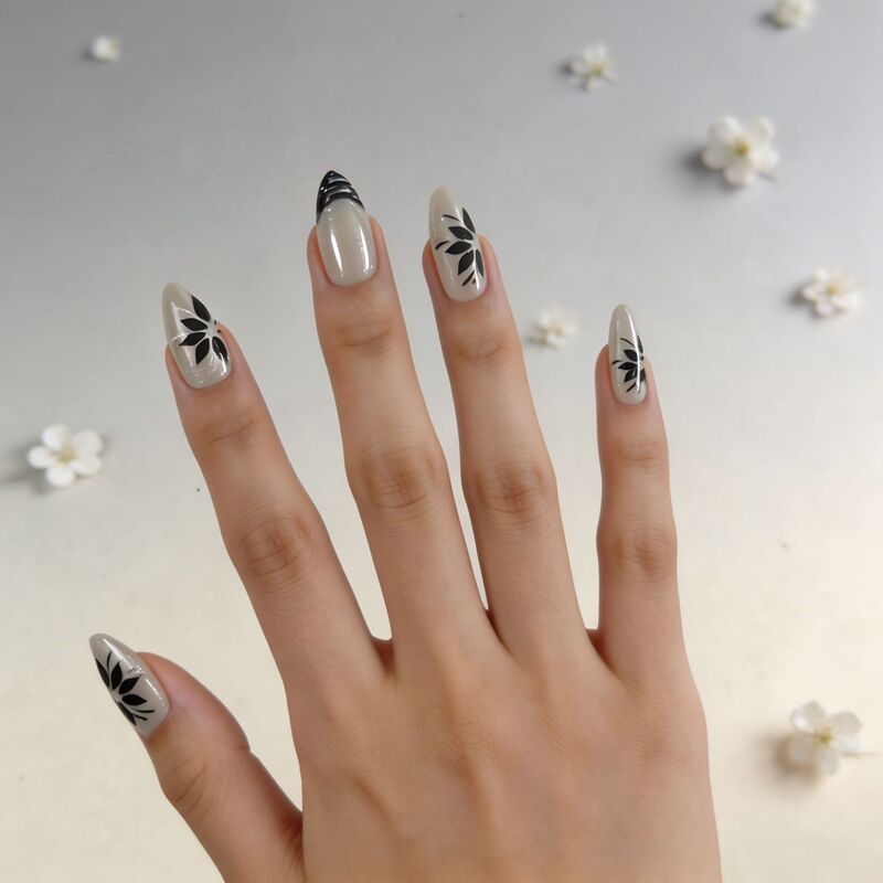 Black French-Style Floral Cat-Eye Nail Tips, Short Almond-Shaped Press-On Nails, 30 Pieces, European and American Style Fake Nails Black French-Style Floral Cat-Eye Nail Tips, Short Almond-Shaped Press-On Nails, 30 Pieces, European and American Style Fake Nails