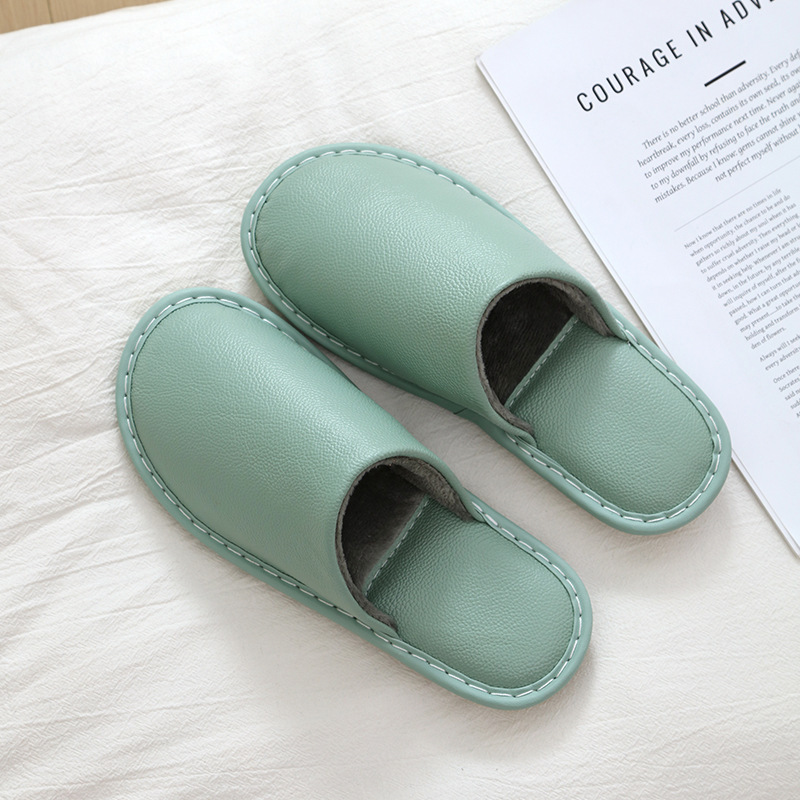 Genuine Leather Cotton Slippers for Women in Autumn and Winter, Non-Slip, Waterproof, Cowhide, Warm, Tendon Bottom, Plush, Home Comfort, Thickeneded Soft Bottom