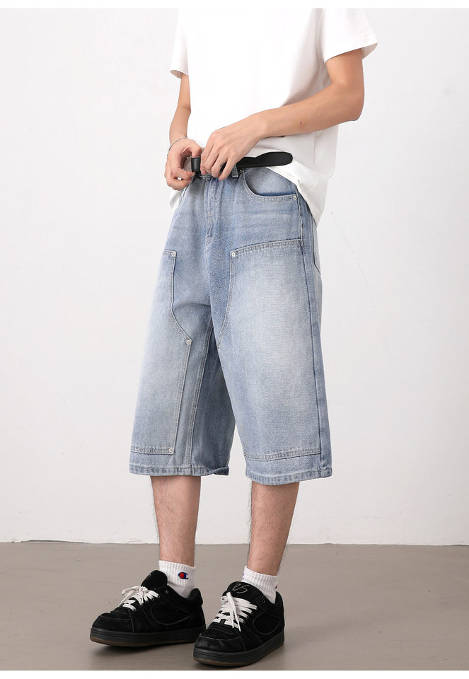 Quần jean nam ống suông rộng lửng giặt mài phong cách retro — Denim đen, Xanh nhạt, Xanh đậm chi tiết 12