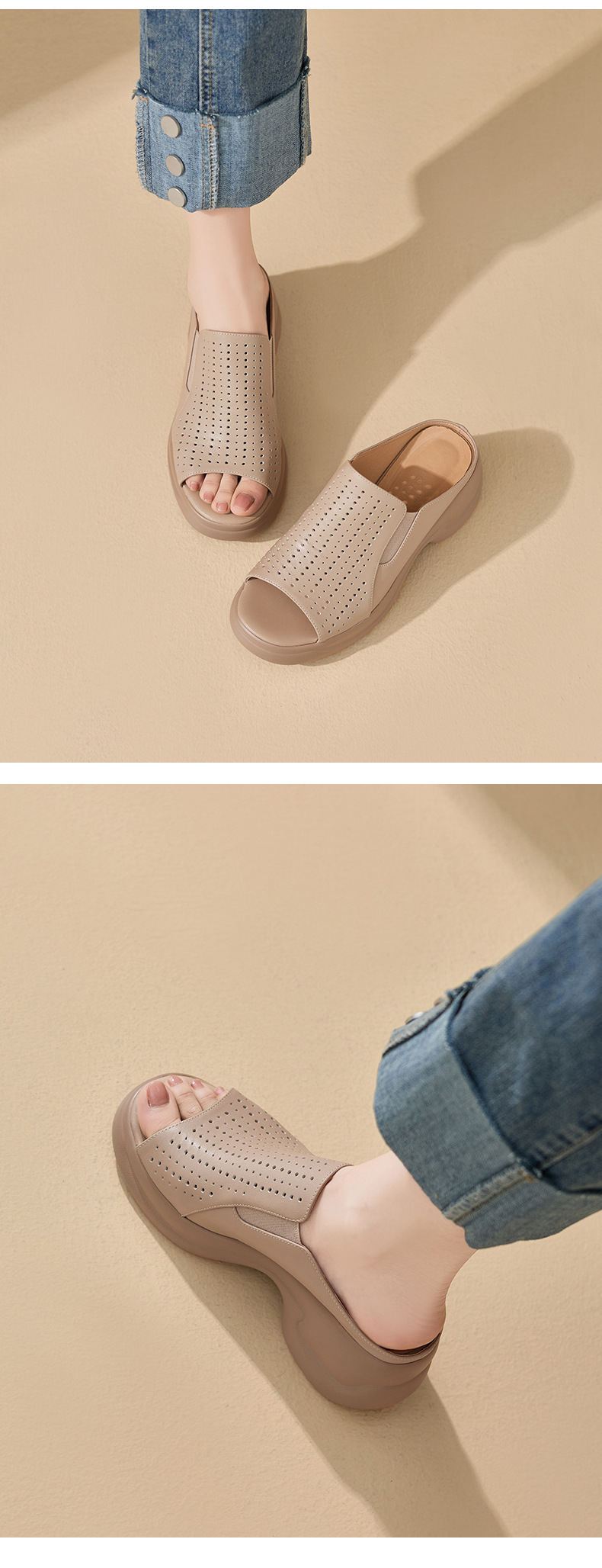Dép sandal nữ da bò đục lỗ đế xuồng cao gót 9 cm — màu trắng ngà chi tiết 8