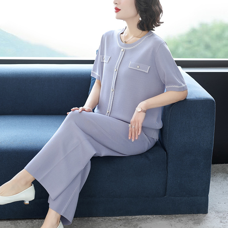 气质妈妈夏装针织衫冰丝套装2025新款女装休闲薄宽松阔腿裤两件套|undefined
