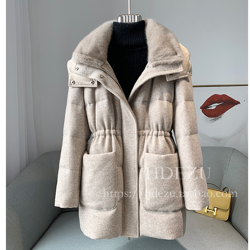 Soft and Comfortable Wool Classy down Jacket for Women, Mid-Length Mink Collar Hooded White Goose down Jacket, Warm and Fashionable European Goods