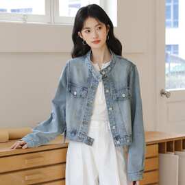 美式宽松立领牛仔外套女2026春季新款小个子正肩短款夹克上衣其他