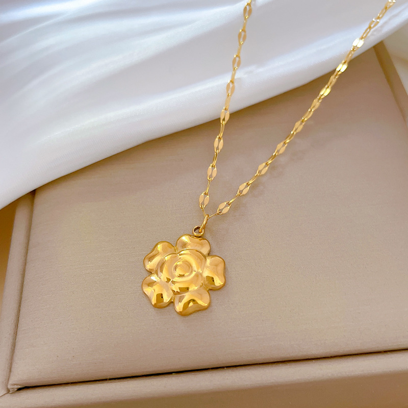 Lady Flower Titanium Steel Gold Plated Pendant Necklace