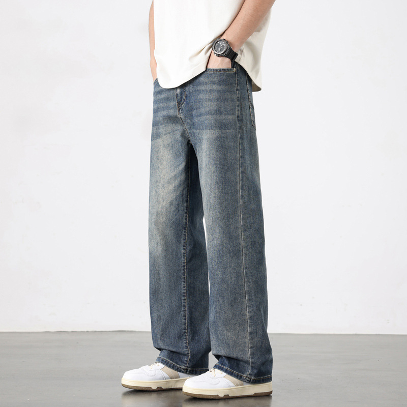 Shanggu Men's Ice Silk Cotton Thin Jeans Men's Elastic Loose Straight Leg Wide Leg Pants Nostalgic Blue in stock Korean Style