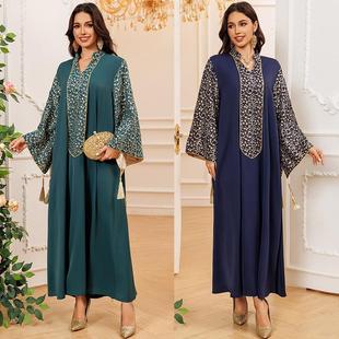 Cross-Border Middle Eastern Plus Size Women's Dress Dubai Robe Embroidered Stitching Tassel Muslim Long Dress