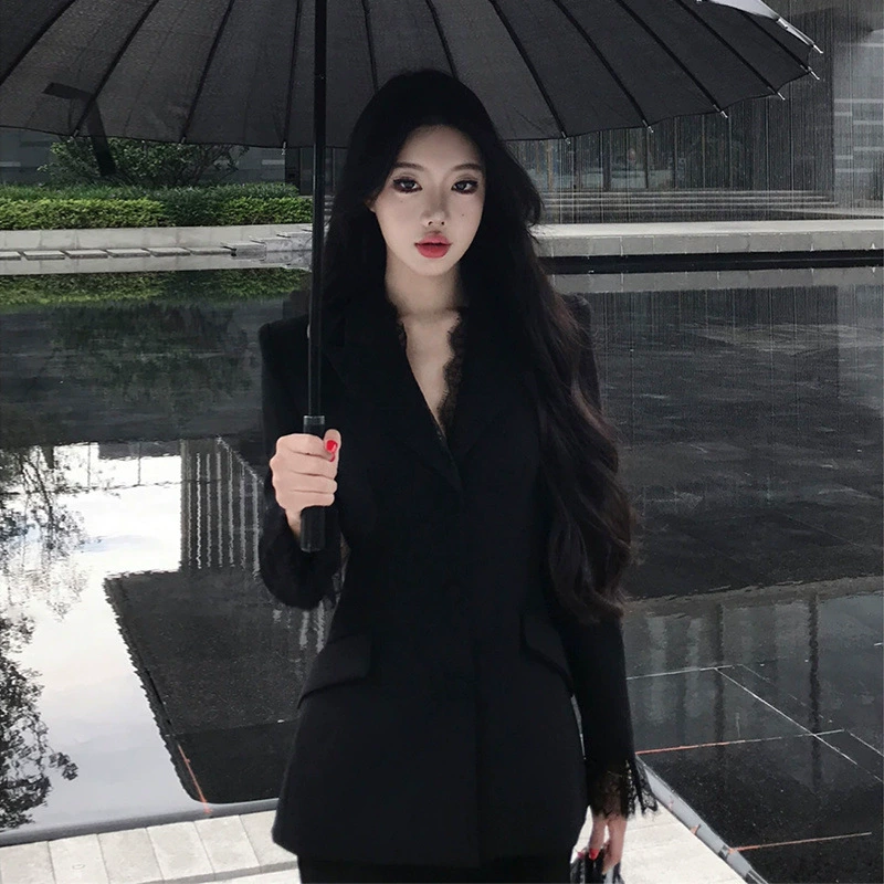 Кружевной костюм, черный пиджак с длинными рукавами, женские осенние новые элегантные повседневные брюки с микро-расклешенными брюками, комплект из двух предметов