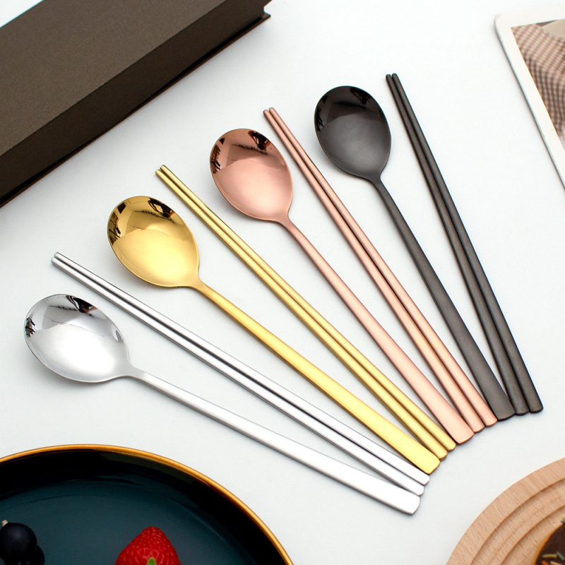 Korean Stainless Steel Spoon and Chopsticks Tableware Set Korean Barbecue Tableware Gold Long-Handled Spoon Soup Spoon Solid Flat Chopsticks