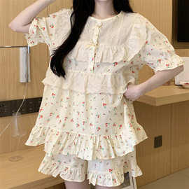 2023韩版甜美蕾丝提花花边学生碎花家居服睡衣外穿套装