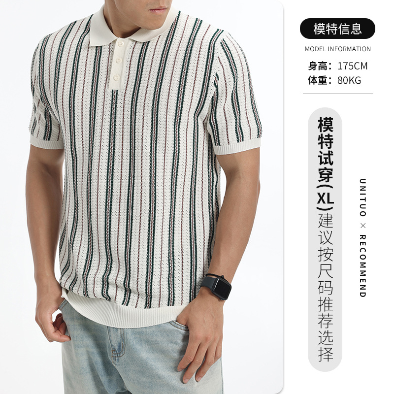Hombres de alto nivel de negocios casuales hielo rayas polo camisa de verano agujerado de punto con solapa de manga corta chaqueta transpirable