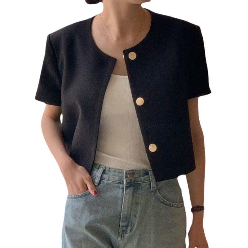 Corea del Sur chic verano estilo chanel cuello redondo de un solo pecho casual todo partido manga soplo abrigo corto de las mujeres chal