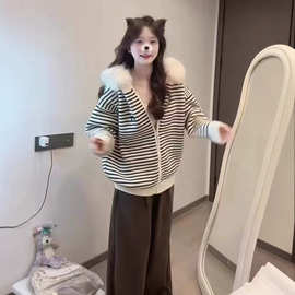 【绵羊绒】黑白条纹大毛领针织毛衣拉链外套女款韩系高级宽松慵懒