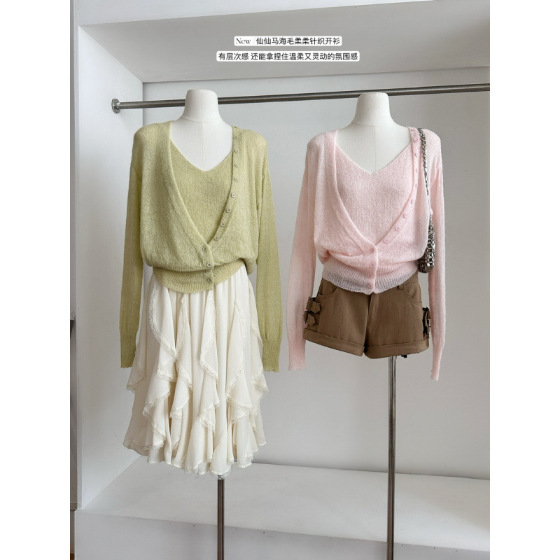 Sena 2026 Spring New Early Spring Fairy Mohair Soft Pink Knitted Cardigan Vest Fake Two-Piece Set