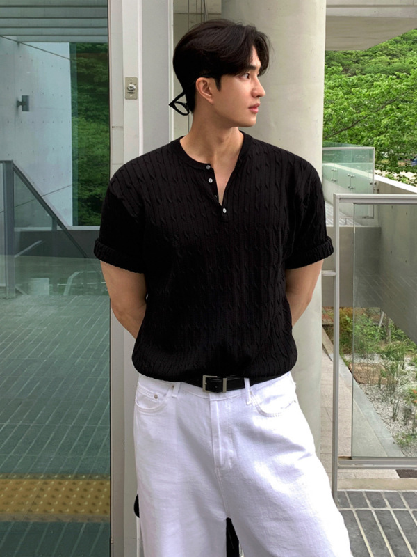 MYQ オールドマネースタイルニット半袖 Tシャツメンズ夏ルーズヘンリーカラーショート Tシャツ韓国風通勤万能トップス|undefined