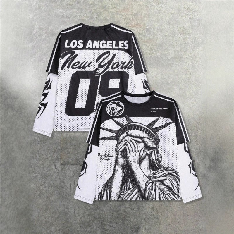 2025 European and American Fashion Sports Jersey T-Shirt Long-Sleeved American Mesh Print Casual Round Neck Street Loose Top