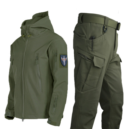 Men's autumn and winter outdoor shark skin soft shell raincoat set with fleece camouflage jacket waterproof coat warm cross-border 