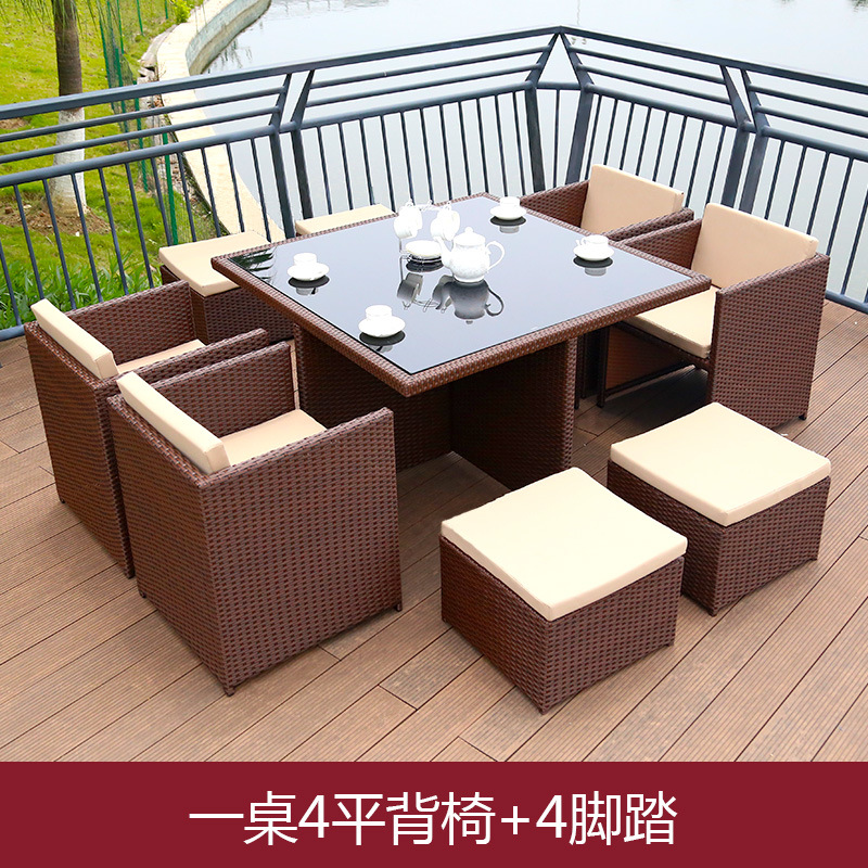 Mesa y silla al aire libre Villa patio jardín ocio silla de caña combinación impermeable al aire libre tabla de té de caña con paraguas