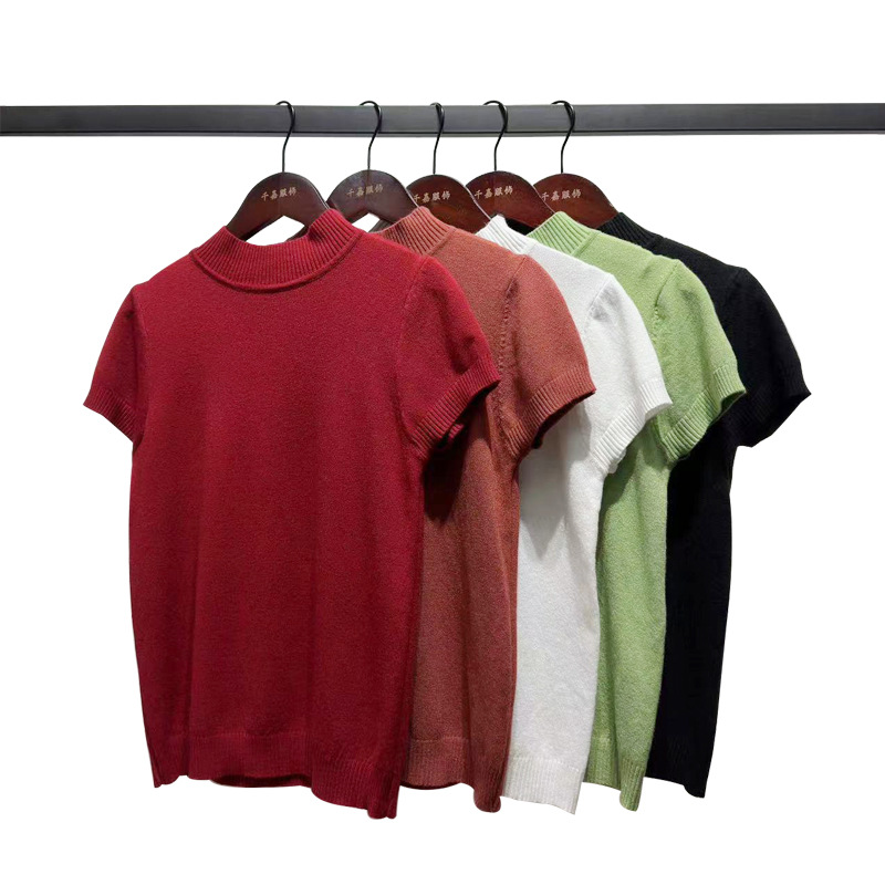 Thin solid color loose knitwear women wholesale half turtleneck pullover casual short-sleeved top T-shirt