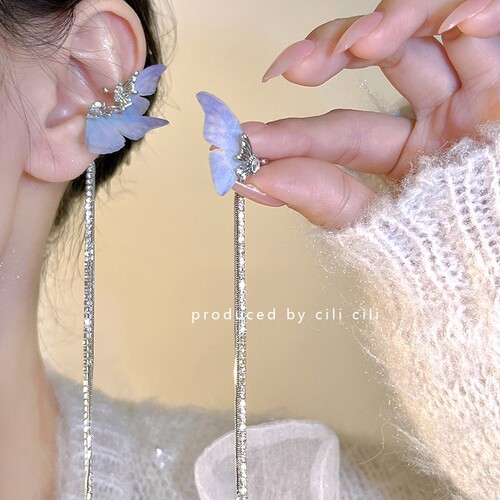 Super fairy temperament long bow tassel fairy pierced ear mosquito coil disc ear clip niche high-end sweet earrings