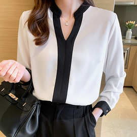 撞色V领雪纺衬衫女2025春秋新款设计感小众轻熟上衣百搭长袖衬衣
