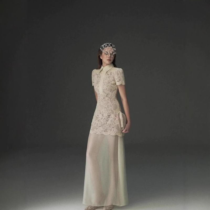 In-Stock Designer Elegant Chanel-Style Waist-Cinching Slim-Fit Women's Dress with a Turn-Down Collar, Hollow-Out Short Sleeves, Lace, and Fishtail Set