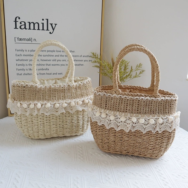 Women's Medium Straw Solid Color Vacation Beach Weave Lace String Straw Bag display picture 1