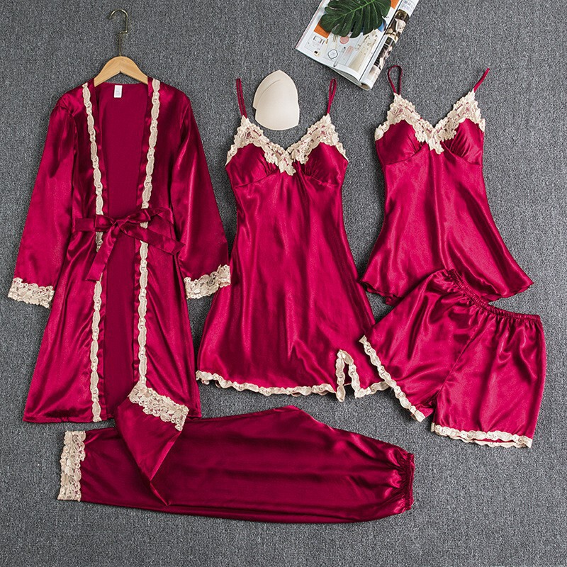 New Foreign Trade Cross-Border Silk Sexy Camisole Pajamas with Chest Pads, Gold Floral Five-Piece Set, Thin Loungewear