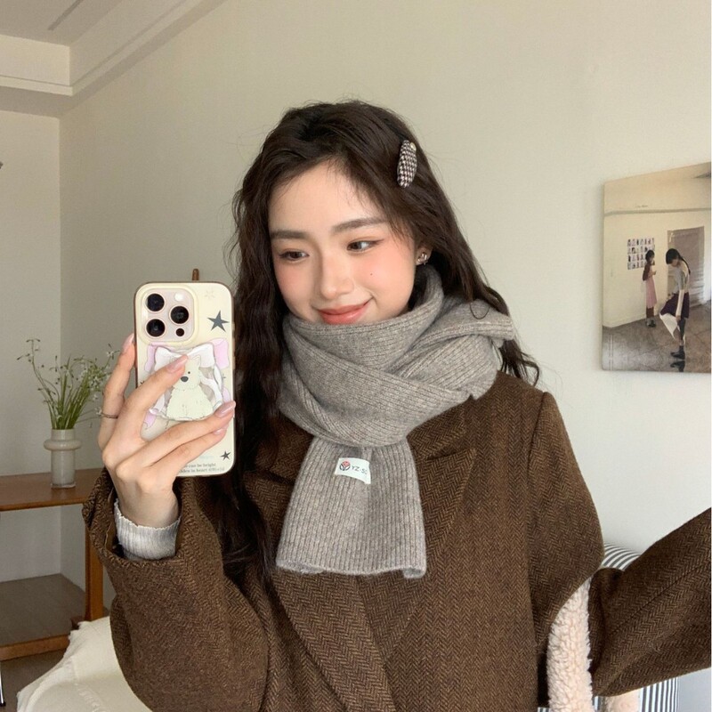 韩系安可拉红~纯色围巾女 冬季氛围感新年红色针织毛线高级感围脖|undefined