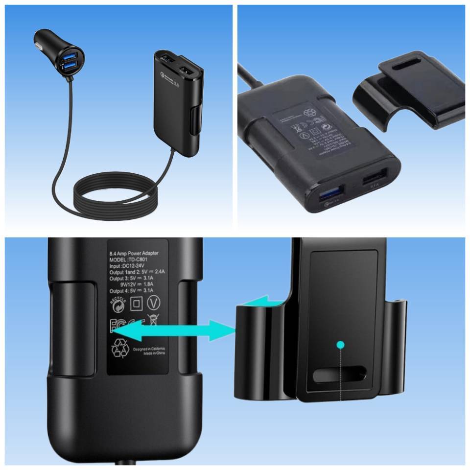 后排插卡拓展车载充电器多功能车充QC3.0快充后排插座线长800mm