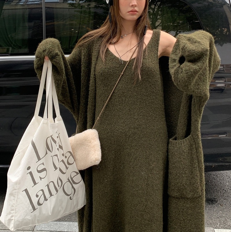 慵懒风软糯奶fufu宽松毛衣外套女纯欲显瘦中长款针织开衫＋长背心|undefined