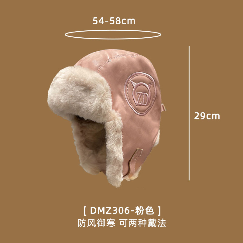 2025秋冬款保暖雷锋帽复古皮革飞行员帽子加绒护耳户外骑行机车帽|undefined