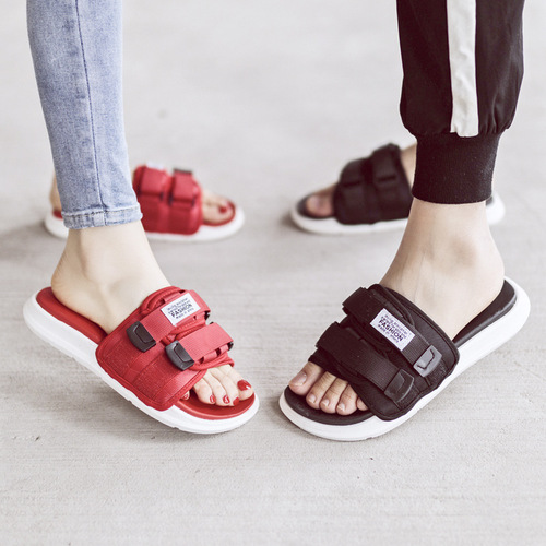 Summer Slides Trendy Fashion Casual Matchable Outerwear Double Button Soft Sole Velcro Slides Couple's One-Strap Slides