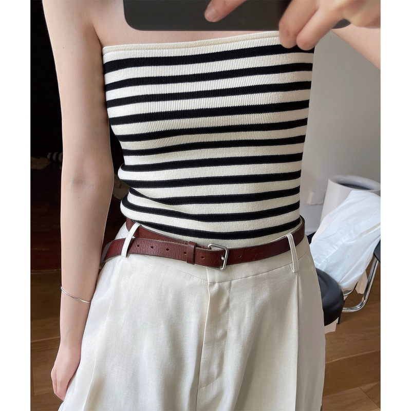 Summer new Korean style simple striped knitted tube top outer wear strapless vest slim bottoming wrapped chest top for women